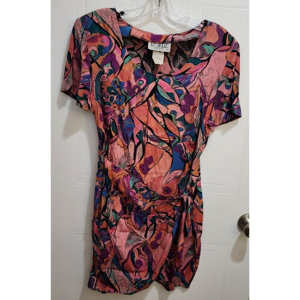 Vtg‎ 90s La Belle Women's Short Sleeve Wrap Dress Abstract Print 100% Rayon Sz M